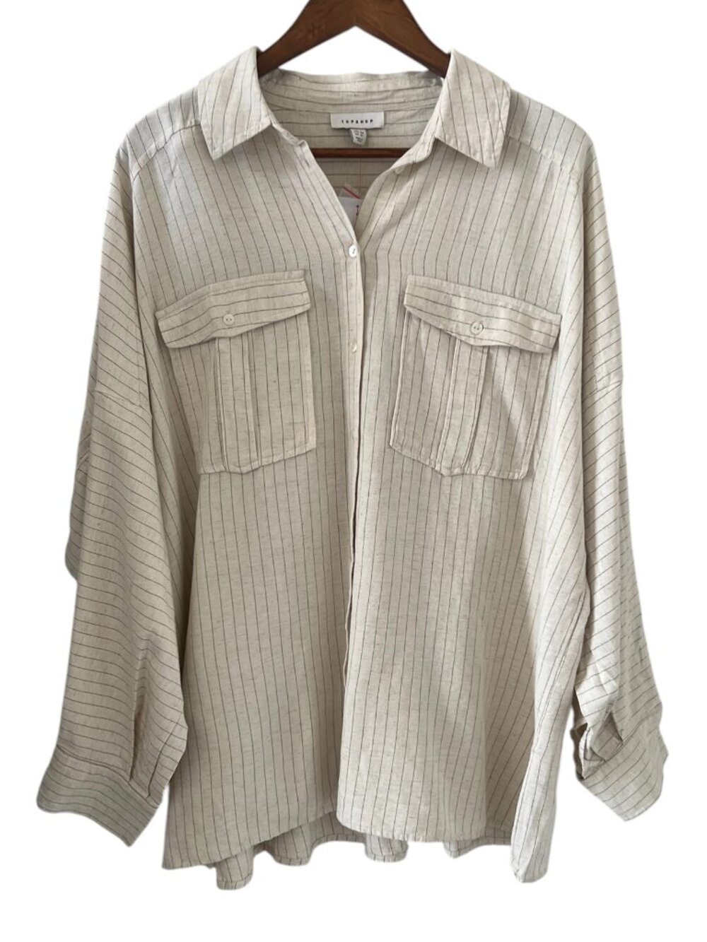 TOPSHOP NEW Linen Blend Oversized Pinstripe Button Front Shirt Size 12
